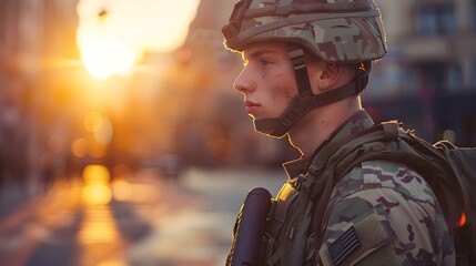 Naklejka premium Serene dusk ambiance as a young soldier stands vigilant in urban area. military attire and duty during golden hour. contemporary portrait. AI