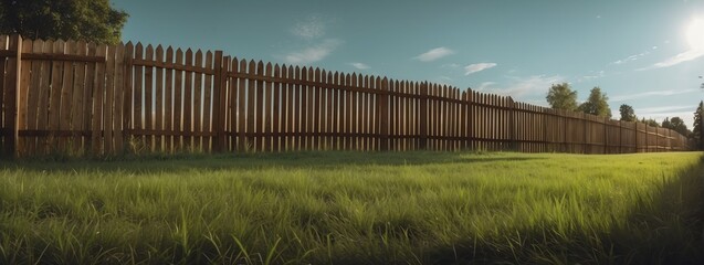 Wide angle panoramic view of a wooden green fence on lawn with grass from Generative AI