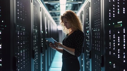 Female IT Specialist Uses Tablet in Data Center. Server Farm Cloud Computing Facility with Maintenance Administrator Working. Cyber Security Engineer Working.