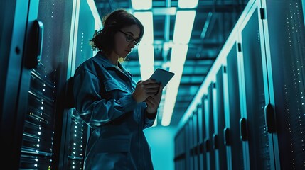 Fototapeta premium Female IT Specialist Uses Tablet in Data Center. Server Farm Cloud Computing Facility with Maintenance Administrator Working. Cyber Security Engineer Working.