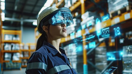 Futuristic Technology Warehouse Concept: Female Worker Doing Inventory, Using Augmented Reality Application On Tablet. Woman Analyzes Digitalized Products Delivery Infographics.