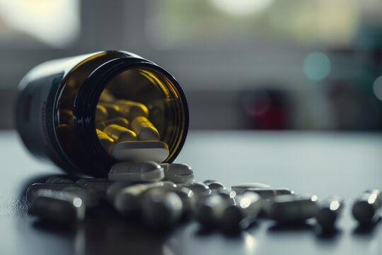 Close-Up of Pills Spilling Out of a Bottle on a Table. Generative AI