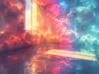 A dreamy cloudscape with vibrant pink and blue shades, reflecting in a room's glossy floor for an otherworldly effect