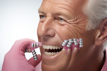 Dental implant procedure. restoring missing tooth, doctor consultation, dental plate denture - obrazy, fototapety, plakaty