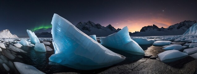 Wide angle panoramic view of an ice glacier formation at night from Generative AI