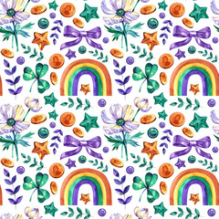 St. Patricks Day Seamless Pattern on a green background: clover, coins, rainbow. Hand drawn watercolor illustration. For paper, textile, packaging - 747026195