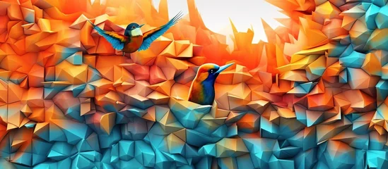 Fotobehang vector illustration of camouflage bird of paradise from cube abstract geometry in bright colors © akhmad