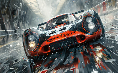 Dynamic image of a red and black sports car racing in the rain with water splashes and motion blur, conveying speed and power. - obrazy, fototapety, plakaty