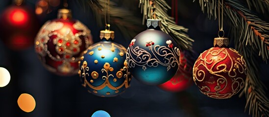A collection of various ornaments including baubles, stars, and ribbons hanging from the branches of a lush green Christmas tree. These decorations add to the joyful and celebratory atmosphere of the