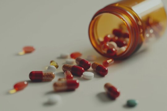 Bottle Overflowing With Pills on Table. Generative AI