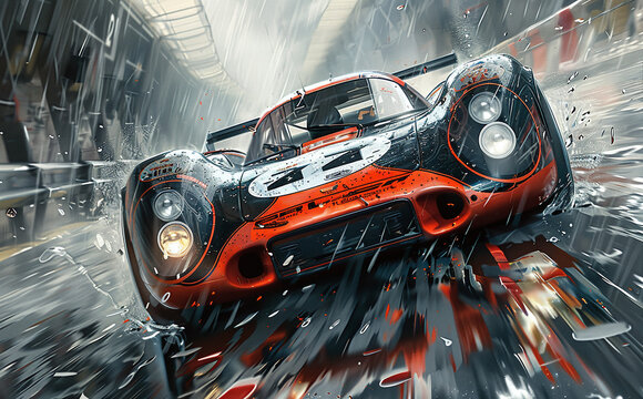 Dynamic image of a red and black sports car racing in the rain with water splashes and motion blur, conveying speed and power.