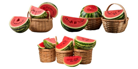Collection of watermelon in wooden basket isolated on a white background as transparent PNG