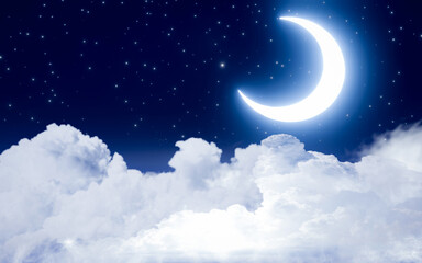 Obraz na płótnie Canvas crescent moon bright blue light In the sky where the stars are twinkling. The sky has cumulus and Luna clouds. For backgrounds and backdrops. 3D Rendering