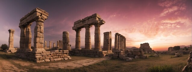 Wide angle panoramic view of an old ancient ruins with pink cloudy sky from Generative AI