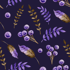 Seamless Pattern of Watercolor Purple and Lilac Leaves, Ferns, Petals and Berries