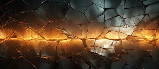 A cracked glass wall revealing a bright yellow light shining through the fractures, creating a striking visual effect.