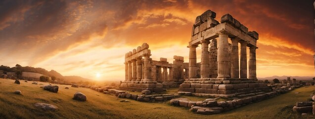 Wide angle panoramic view of an old ancient ruins with sunset cloudy sky from Generative AI