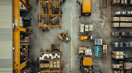 A busy industrial warehouse from above. forklifts and cargo in action. logistics and commerce. bird's eye view of organized chaos. AI