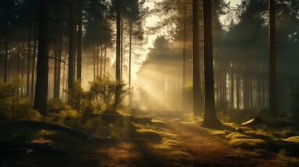 Golden Sunlight Streaming Through a Misty Forest Path at Dawn