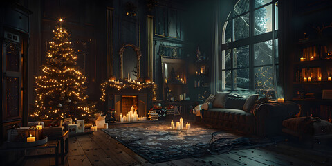 Beautiful cozy Christmas interior with a fireplace. 