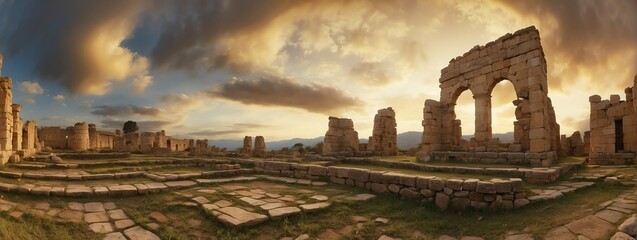 Fototapeta premium Wide angle panoramic view of an old ancient ruins with yellow cloudy sky from Generative AI
