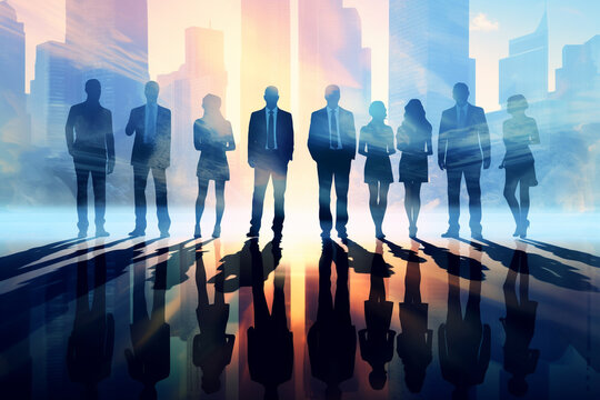 高層ビルを前にしたビジネスマンのチーム
