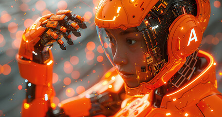 Fototapeta premium Futuristic humanoid robot with orange illuminated suit and helmet, touching fingers, against a bokeh light background.