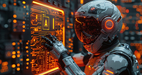 Futuristic soldier with high-tech helmet and armor interacting with a holographic interface in a cybernetic environment.