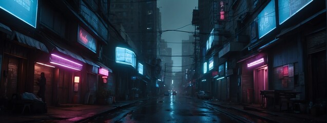 Wide angle panoramic view of blue neon lights theme dark futuristic cyberpunk city street from Generative AI - obrazy, fototapety, plakaty