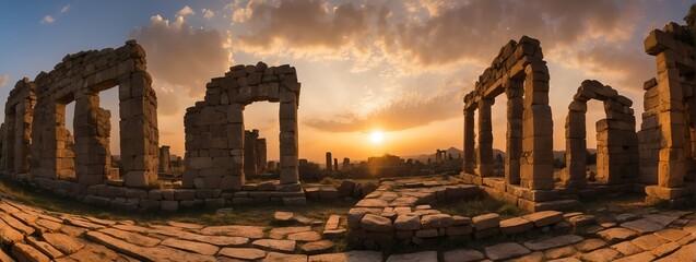 Fototapeta premium Wide angle panoramic view of an old ancient ruins with sunset cloudy sky from Generative AI