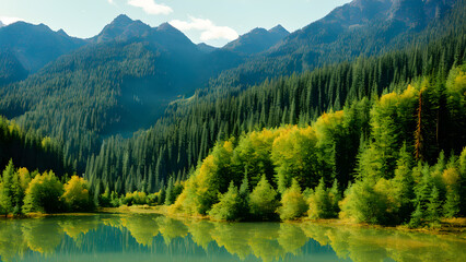 Fototapeta na wymiar crystal-colored-lake-reflecting-the-surrounding-foliage-mountains-in-the-distance-nestled