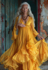 Elegant senior woman in a flowing yellow dress, posing with grace in a rustic setting.