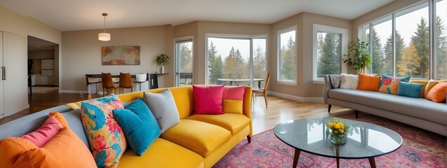 Wide angle panoramic view of cozy colorful couch with pillows on living room area background from Generative AI