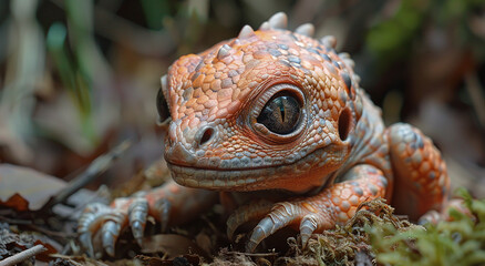 Close-up of an orange textured reptile with big eyes among leaves.