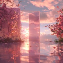 Surreal landscape with reflective surface standing amid blooming cherry blossoms, dreamy pink hues