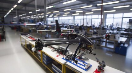 A modern drone hovers in focus within a high-tech industrial workspace, showcasing robotics and automation.