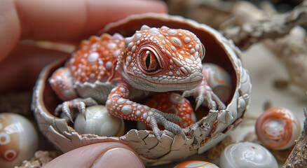 Newborn gecko emerging from egg, held in human hand, showcasing the beginning of life and reptile birth.