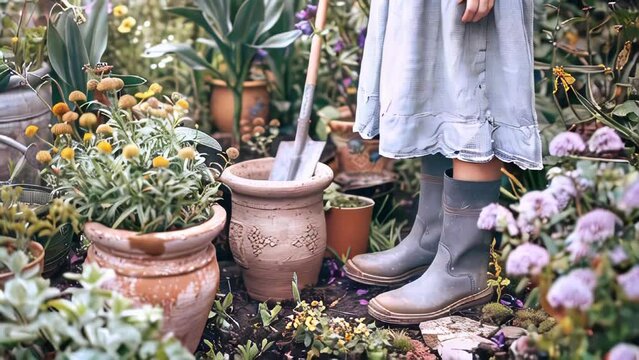 Gardening pose with tools outdoors, spring cleaning concept