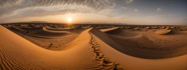 Fototapeta na wymiar Wide angle panoramic view of desert sand dunes on sunset from Generative AI