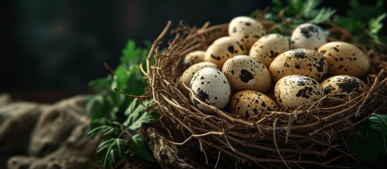 Obraz premium Bird nest made of twigs and wood, with quail eggs inside, placed on a table as a natural event