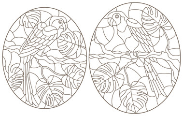 Fototapeta premium Set contour illustrations with birds parrots and leaves of tropical plants, dark contours on white background