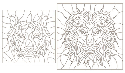 Set contour illustrations of stained glass with a lion's and tiger's head, dark contours on white background