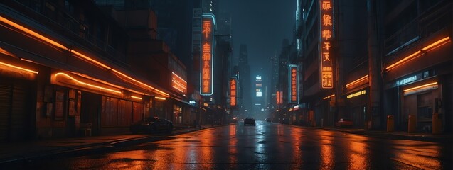 Fototapeta na wymiar Wide angle panoramic view of orange neon lights theme dark futuristic cyberpunk city street from Generative AI