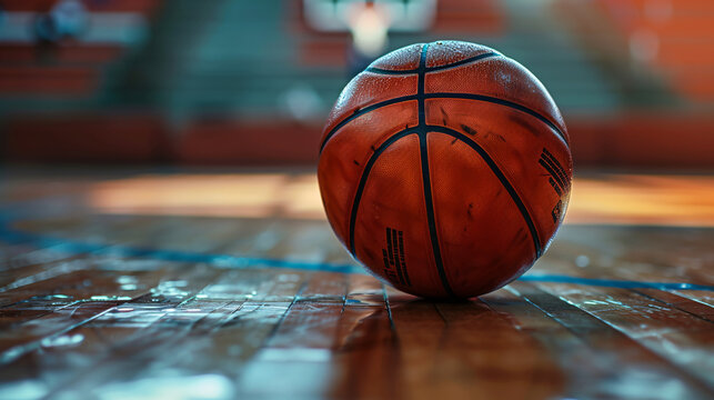 A basketball on a wooden floor.