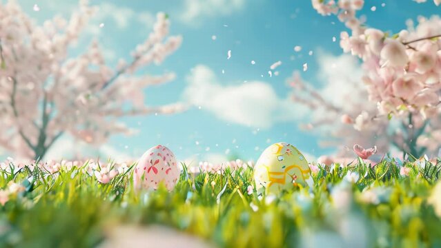 Easter illustration of a scene full of holiday decorations, easter eggs in natural environment