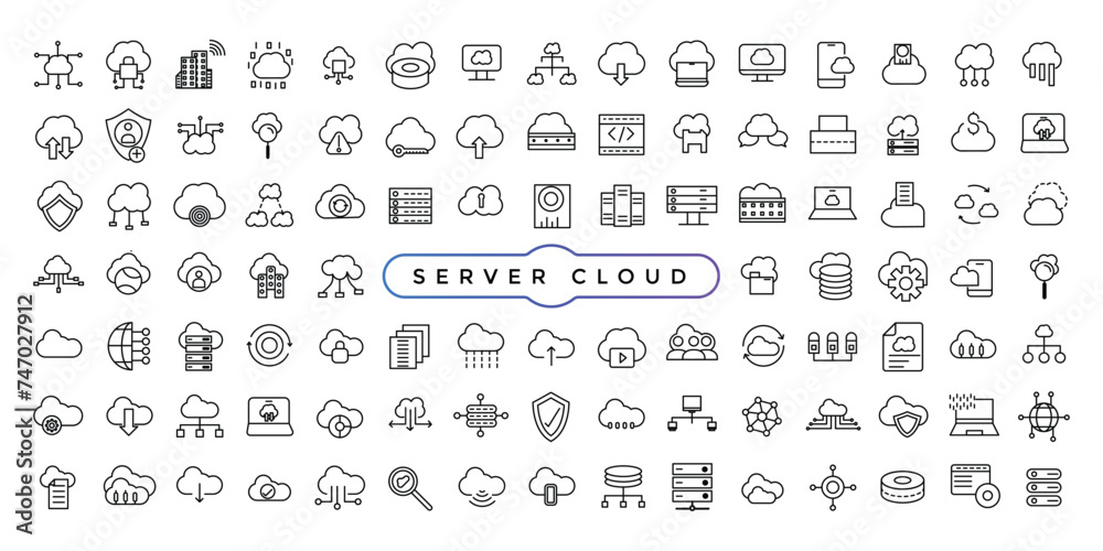 Poster set of line icons related to server and cloud computing, cyber security, digital transformation. thi
