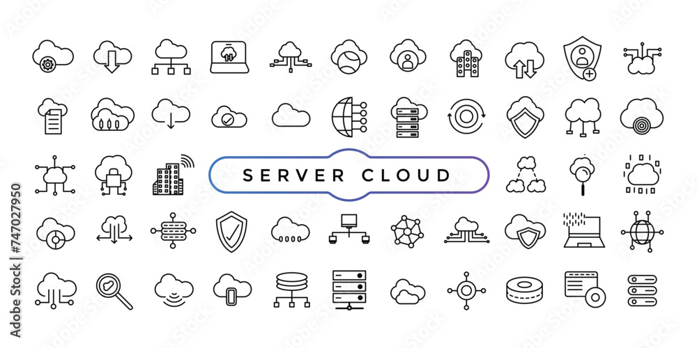 Poster set of line icons related to server and cloud computing, cyber security, digital transformation. thi