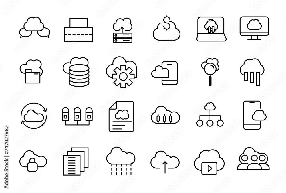 Poster set of line icons related to server and cloud computing, cyber security, digital transformation. thi