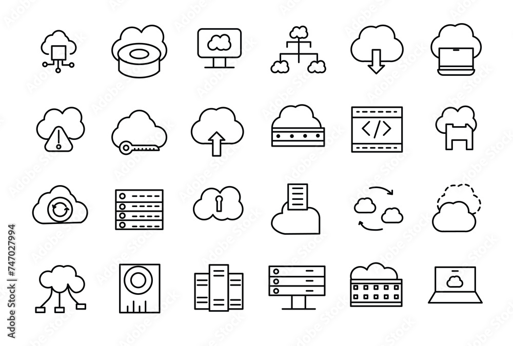 Poster set of line icons related to server and cloud computing, cyber security, digital transformation. thi