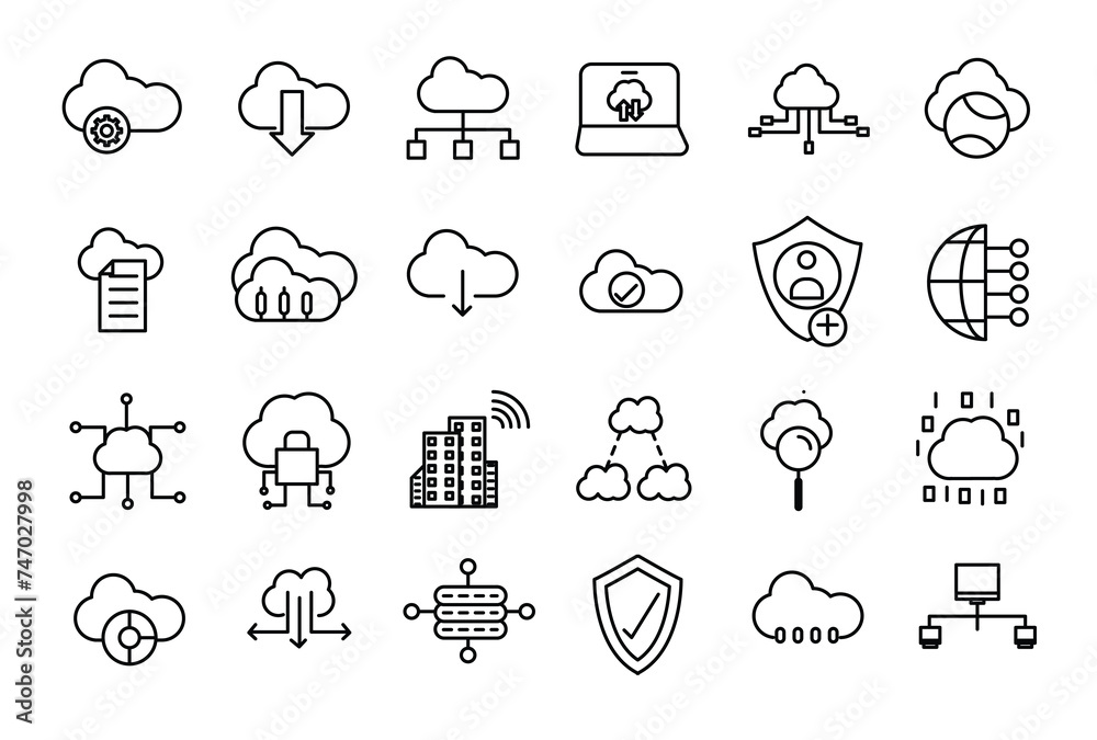 Poster set of line icons related to server and cloud computing, cyber security, digital transformation. thi